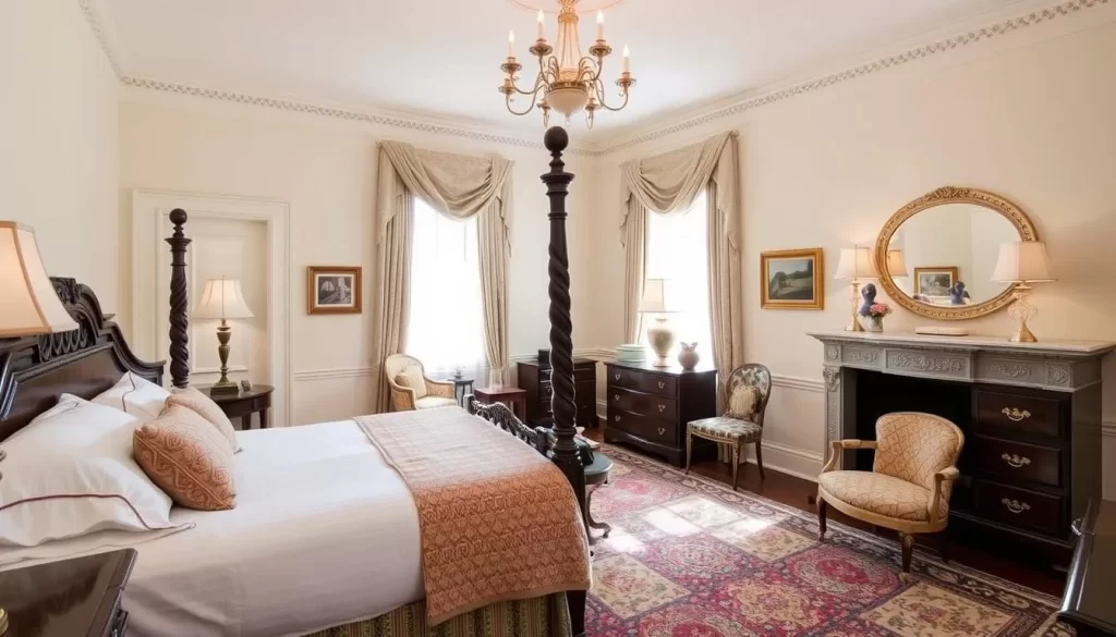 An image of The Sayre Mansion's elegant guest room with antique furnishings.