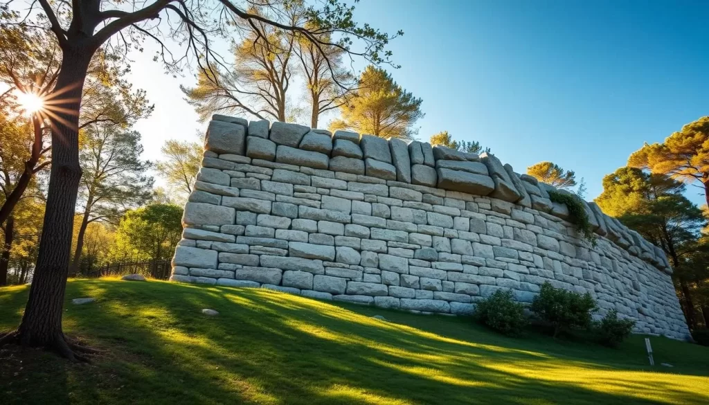 An image of Tom's Wall Memorial, a large un-mortared rock wall in a serene natural setting.