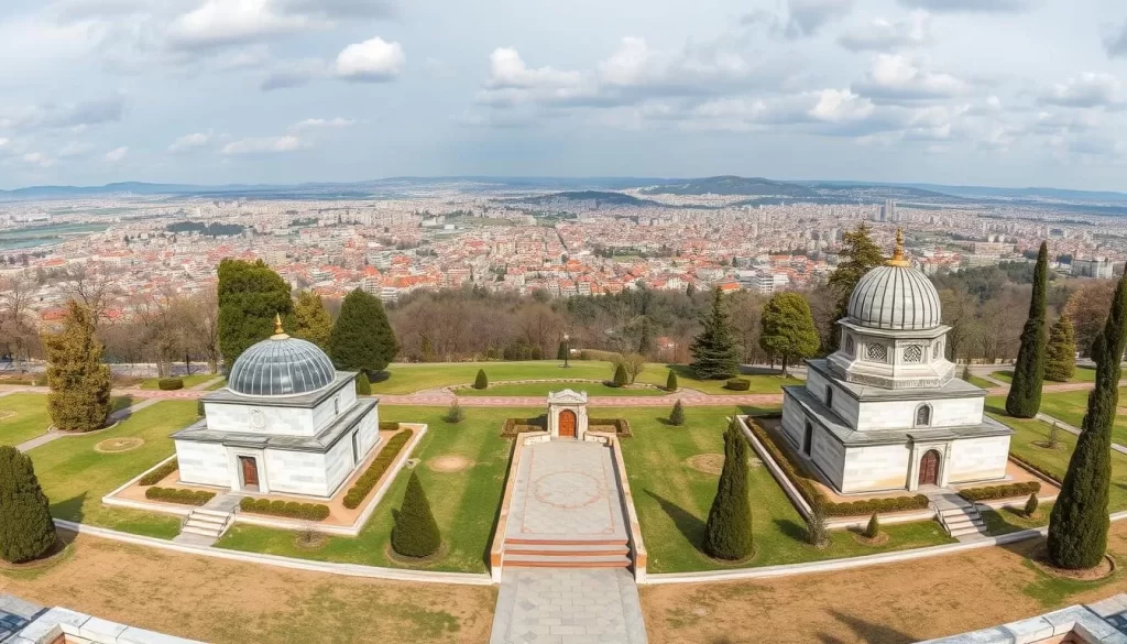 An image of Tophane Park in Bursa, featuring the tombs of Osman Gazi and Orhan Gazi, with panoramic views of the city.