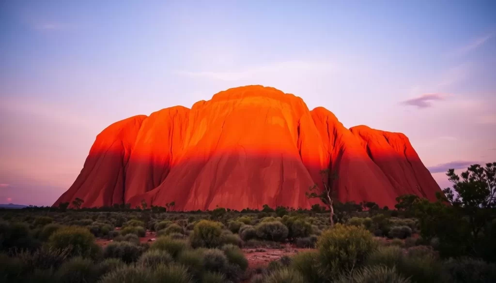 An image of Uluru (Ayers Rock) at sunset, with the rock formation changing colors.