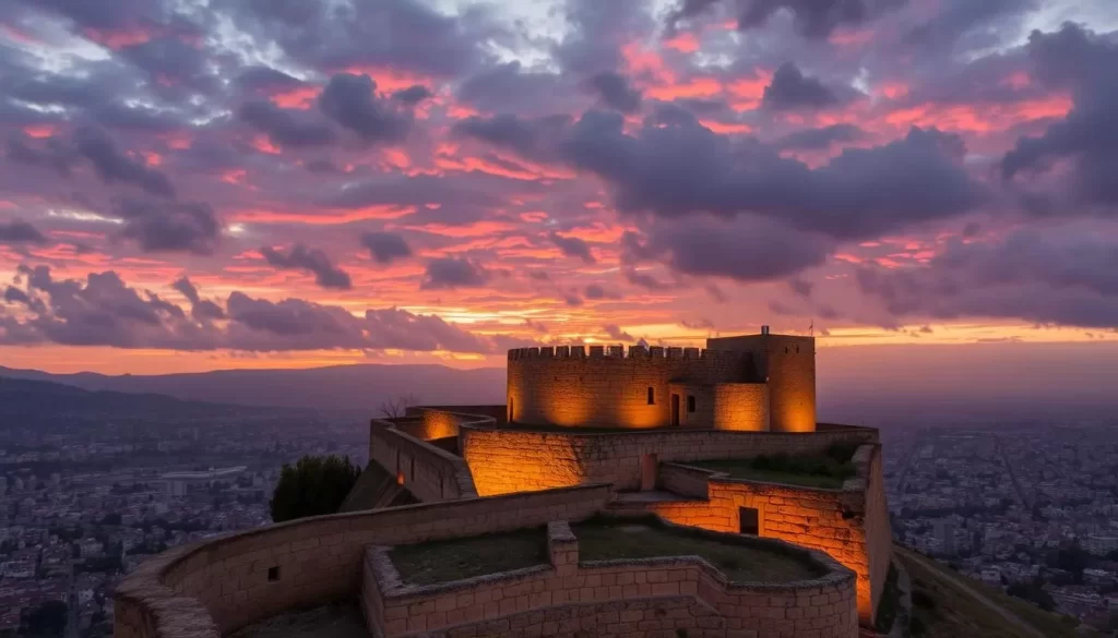 An image of Urfa Kale citadel at sunset, with the city of Sanliurfa spread out below.