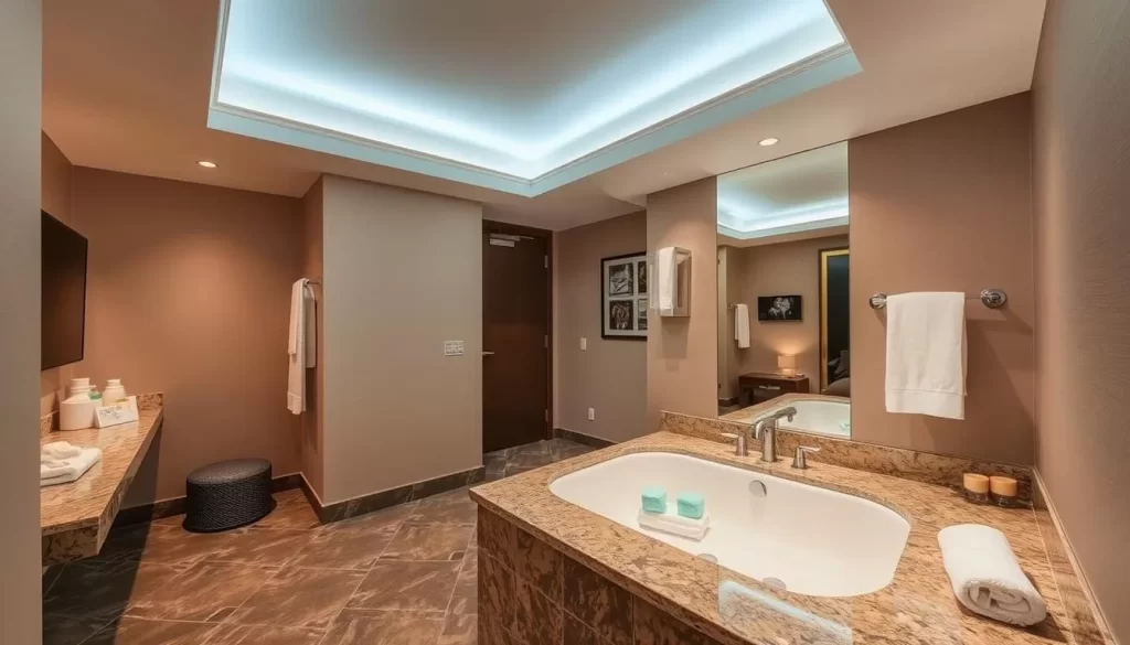 An image of Wind Creek Bethlehem's luxurious room with a spa-like bathroom.