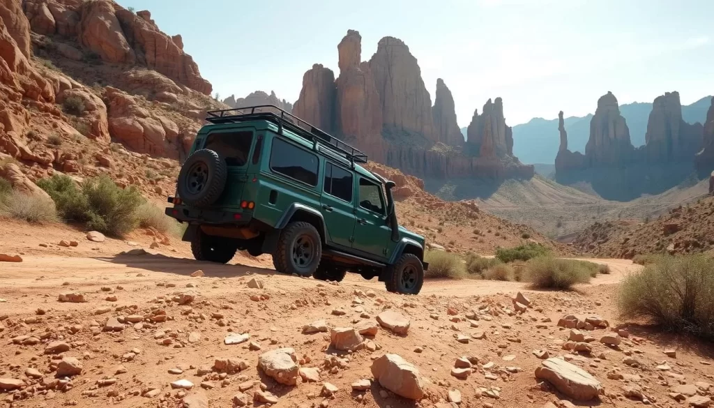 An image of a 4WD vehicle navigating through Cathedral Valley's rugged terrain.