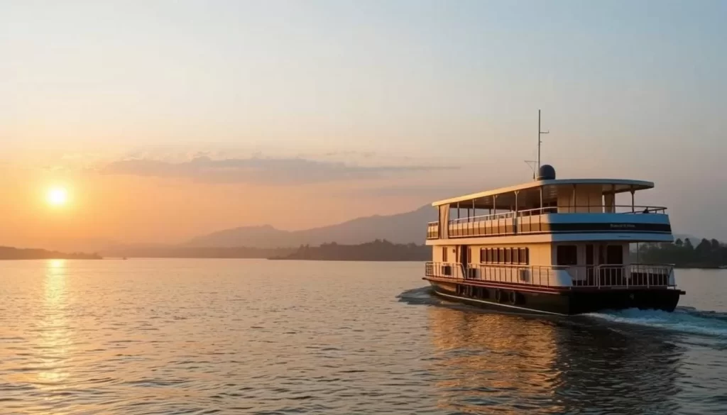 An image of a Brahmaputra River cruise with a luxury ship sailing through calm waters during sunset
