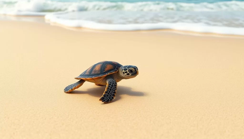 An image of a Hawksbill turtle hatchling making its way to the ocean