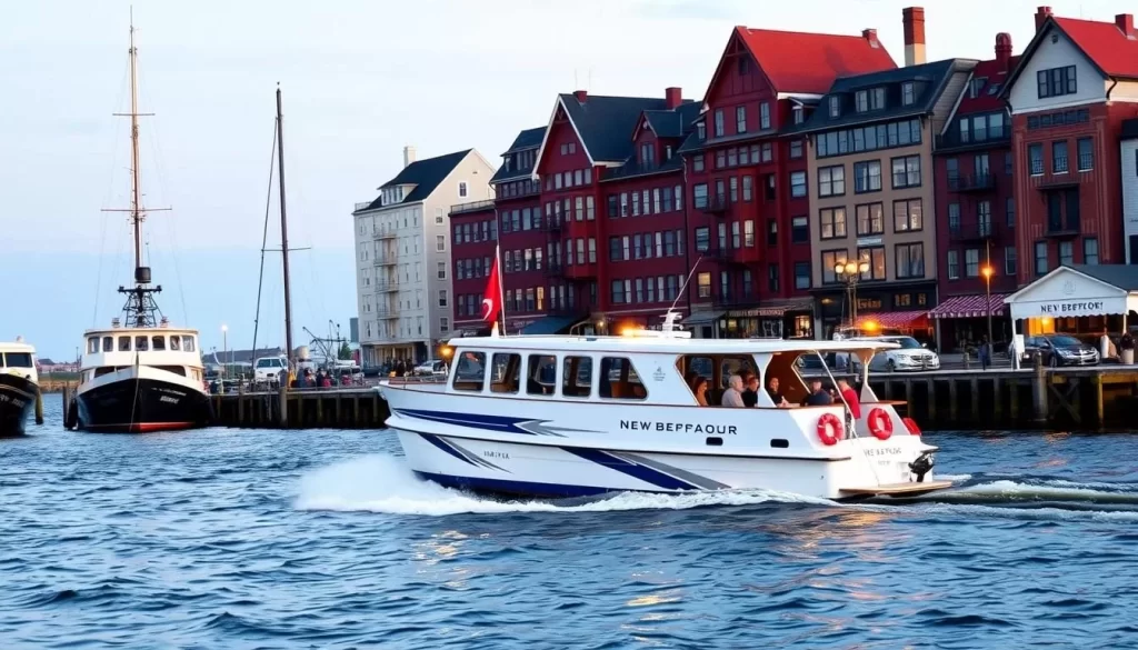 An image of a New Bedford harbor tour boat gliding through the harbor, with the city's waterfront in the background.