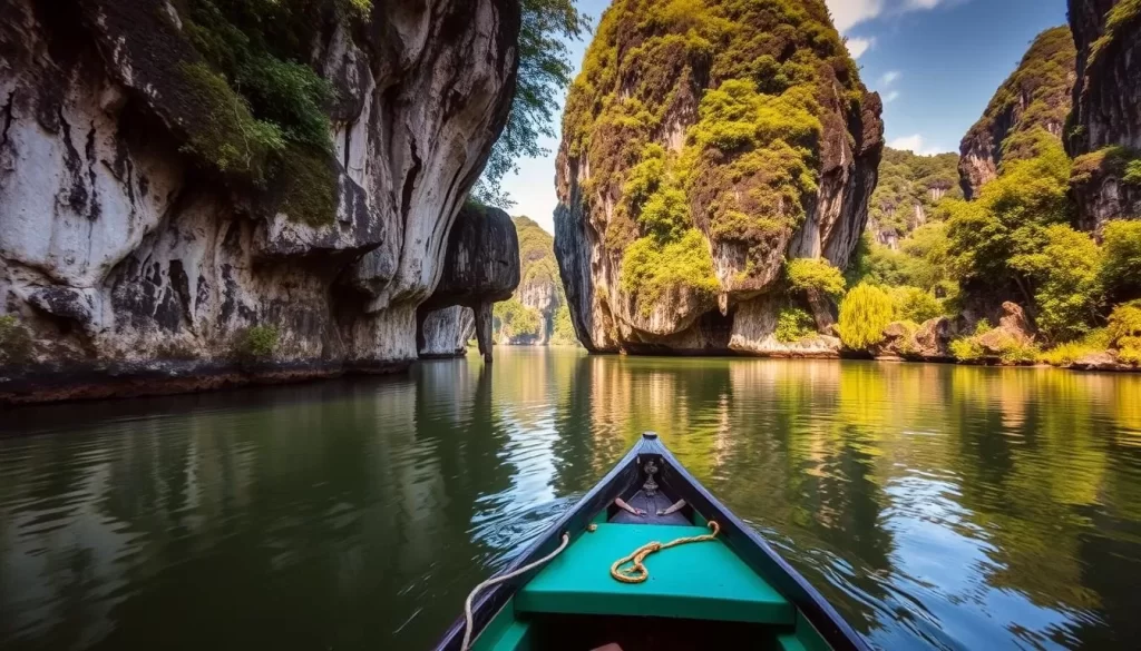 An image of a boat ride through Tam Coc's limestone karsts