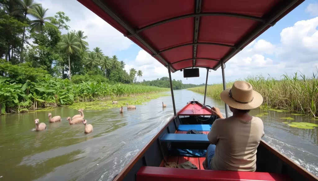 An image of a boat tour in Kuching Wetlands National Park, spotting local wildlife.