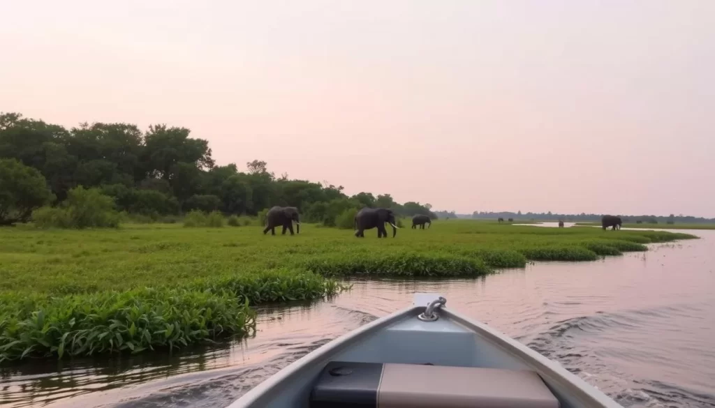 An image of a boating safari in the Usangu Wetlands, with elephants in the distance.