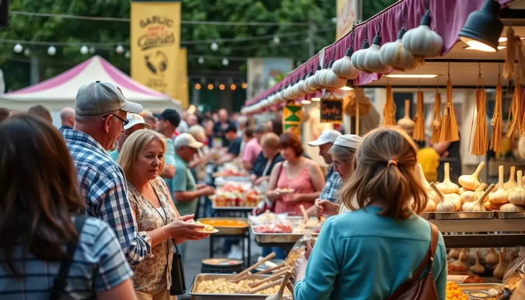 An image of a bustling festival with people sampling garlic-infused dishes and vendors selling garlic-themed merchandise.