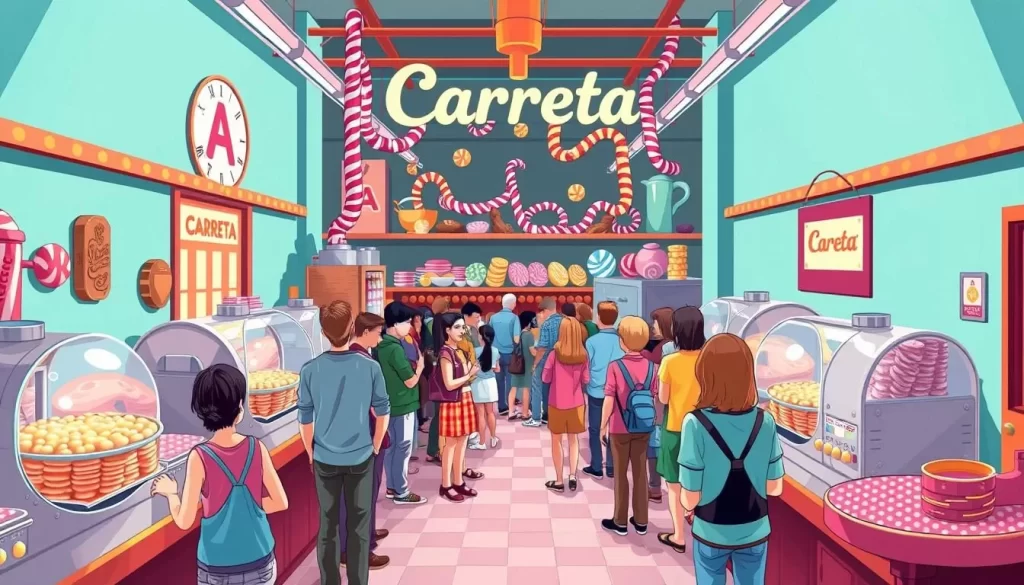 An image of a candy factory tour at Cerreta Candy Company, with a guided tour group observing candy-making.