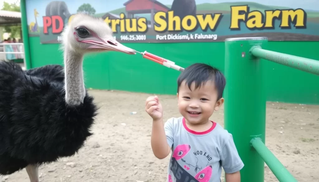 An image of a child feeding an ostrich at the PD Ostrich Show Farm in Port Dickson.