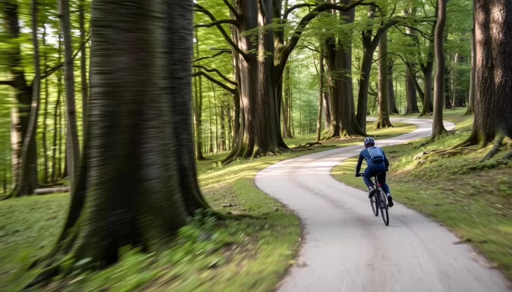 An image of a cyclist riding through the Białowieża Forest