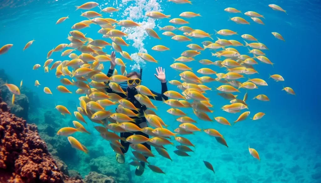 An image of a diver surrounded by a school of fish in the clear waters of Redang Island.