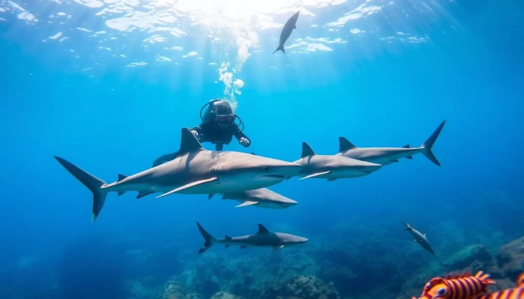 An image of a diver surrounded by hammerhead sharks in the clear waters of Layang Layang Island.