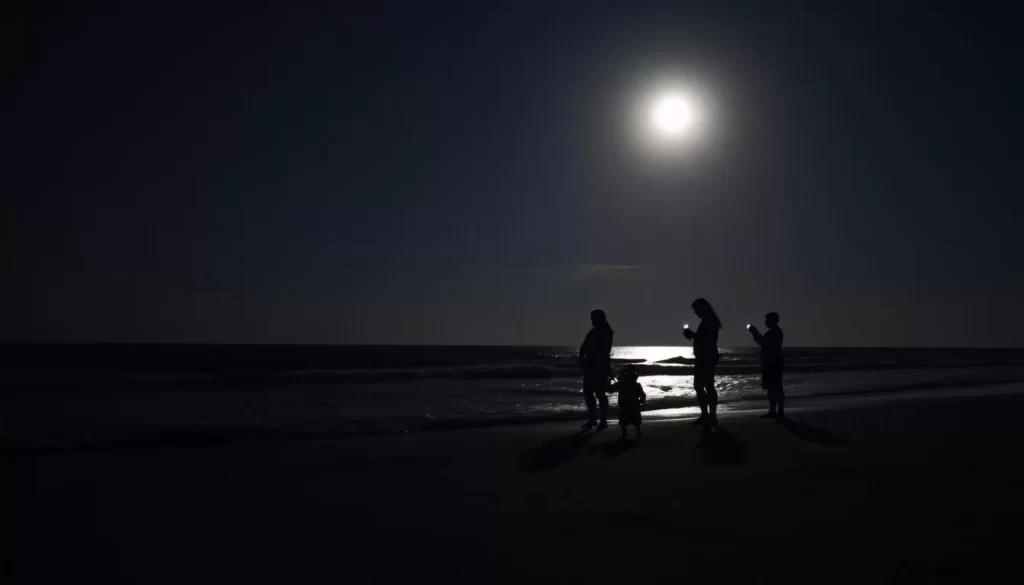 An image of a family crab hunting at Gulf State Park at night