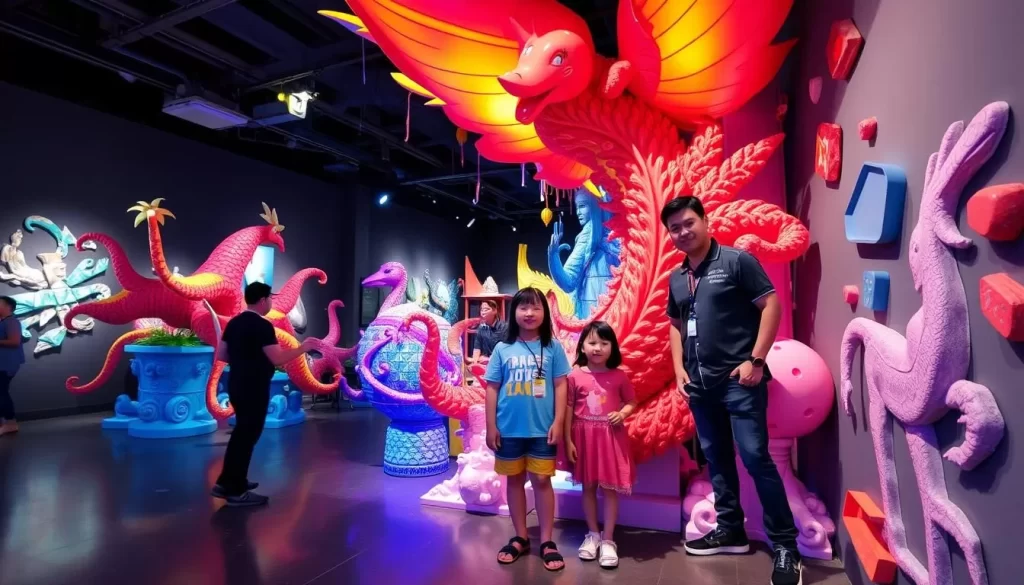 An image of a family taking a photo with a 3D art piece at the Alive3D Art Gallery in Port Dickson.