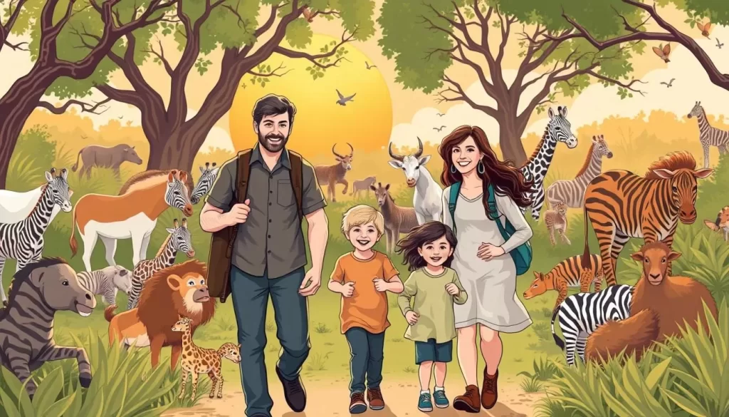 An image of a family visiting the Sunset Zoo in Manhattan, Kansas, with various animals in the background.