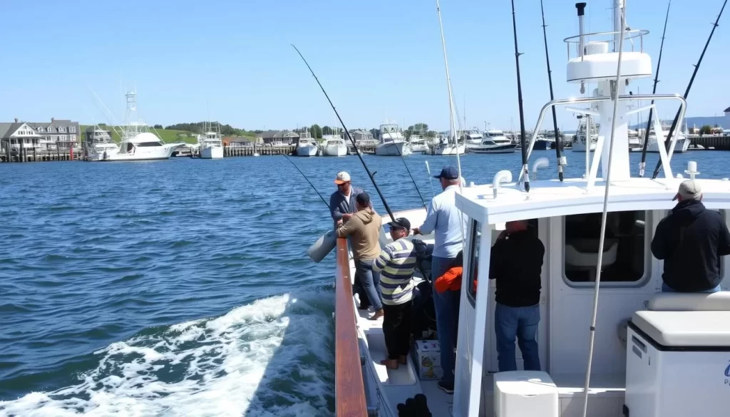 An image of a fishing charter boat in Narragansett Harbor, Rhode Island, with fishermen on board.