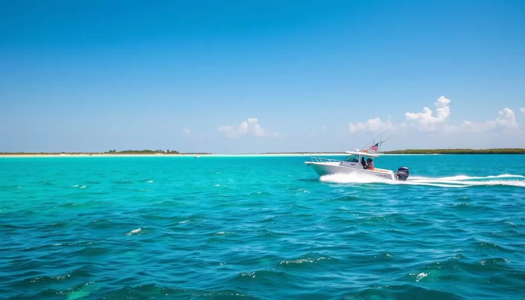 An image of a fishing charter boat in the waters of Dauphin Island
