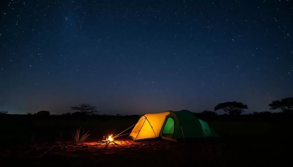 An image of a fly camping setup in Katavi National Park, under a starry African night sky.