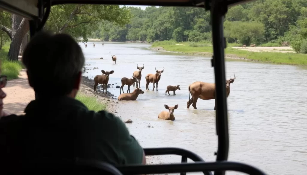 An image of a game drive along the river in Mkomazi National Park, with diverse wildlife.