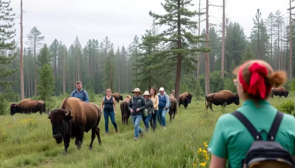 An image of a guided bison tracking tour in Bialowieza Forest.
