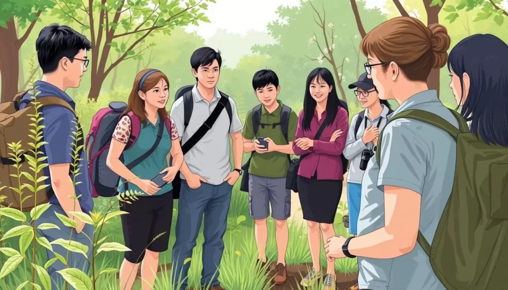 An image of a guided nature walk in Sarakawa Park, showing a guide pointing out plant species and smaller wildlife.