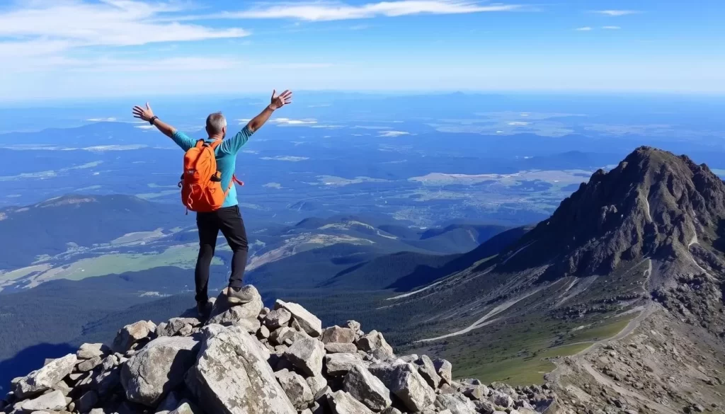An image of a hiker at the summit of Black Elk Peak with panoramic views