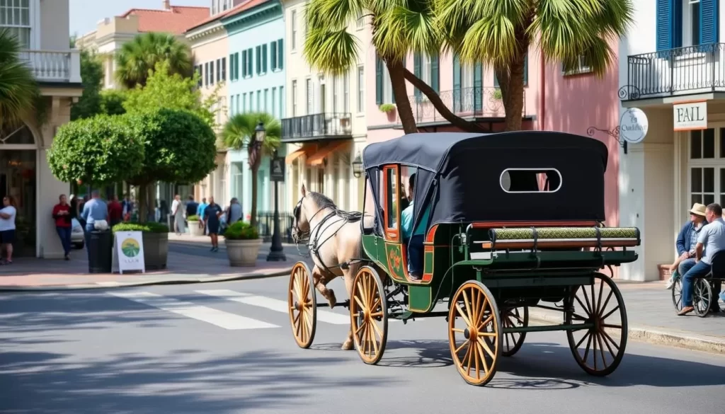 An image of a horse-drawn carriage in Charleston's historic district.