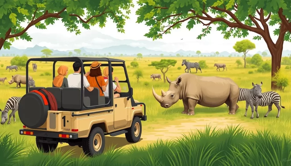 An image of a jeep safari in Kaziranga National Park with tourists spotting a rhino