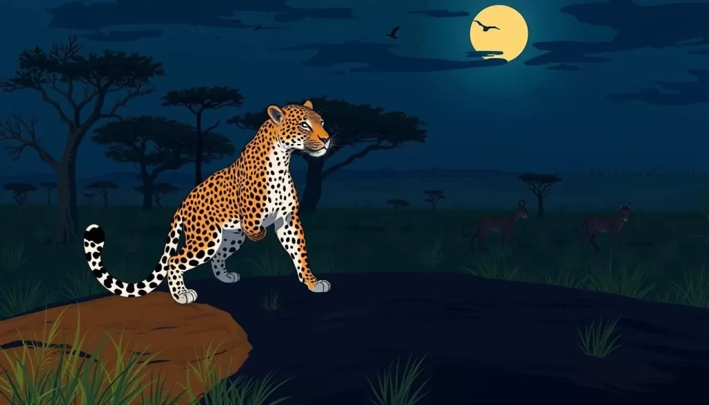 An image of a leopard on a night game drive in Ruaha National Park.