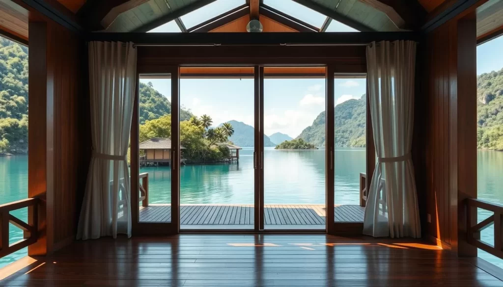An image of a luxurious floating bungalow on Cheow Lan Lake with a glass door overlooking the water.