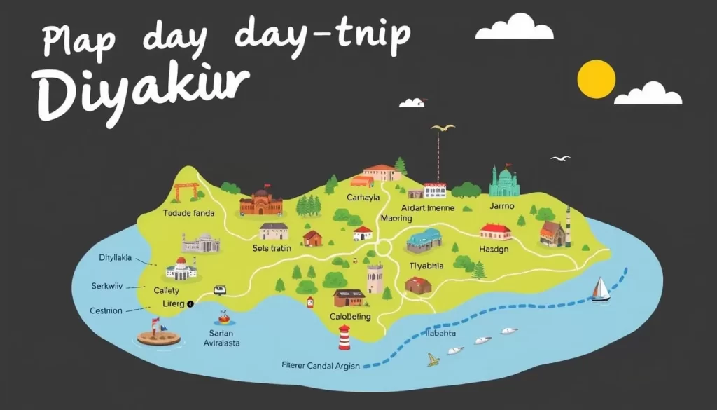 An image of a map showing day trip locations around Diyarbakır