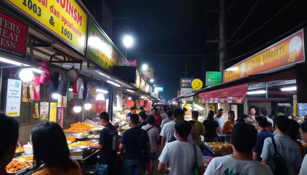 An image of a night market in Kuching with various local food stalls