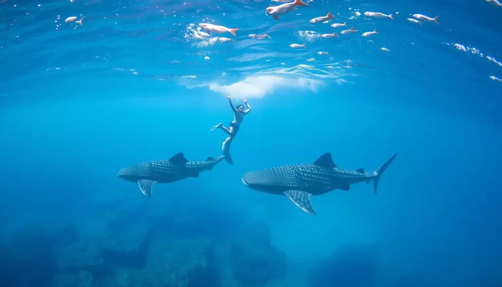 An image of a person swimming with whale sharks near Mafia Island