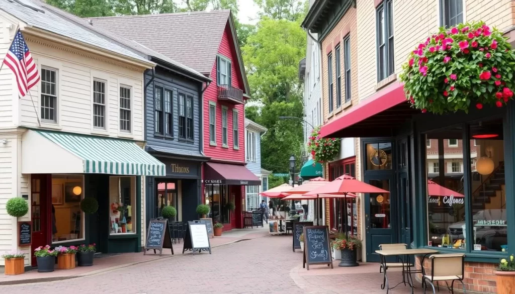 An image of a quaint street in Delaware Water Gap Borough with various shops and eateries