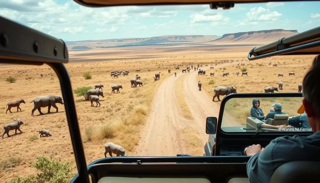 An image of a safari vehicle during a game drive in Katavi National Park, with the African savannah and wildlife in the background.