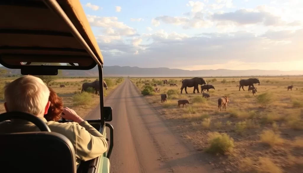 An image of a safari vehicle during a morning game drive in Sarakawa Park, capturing animals in their natural habitat.