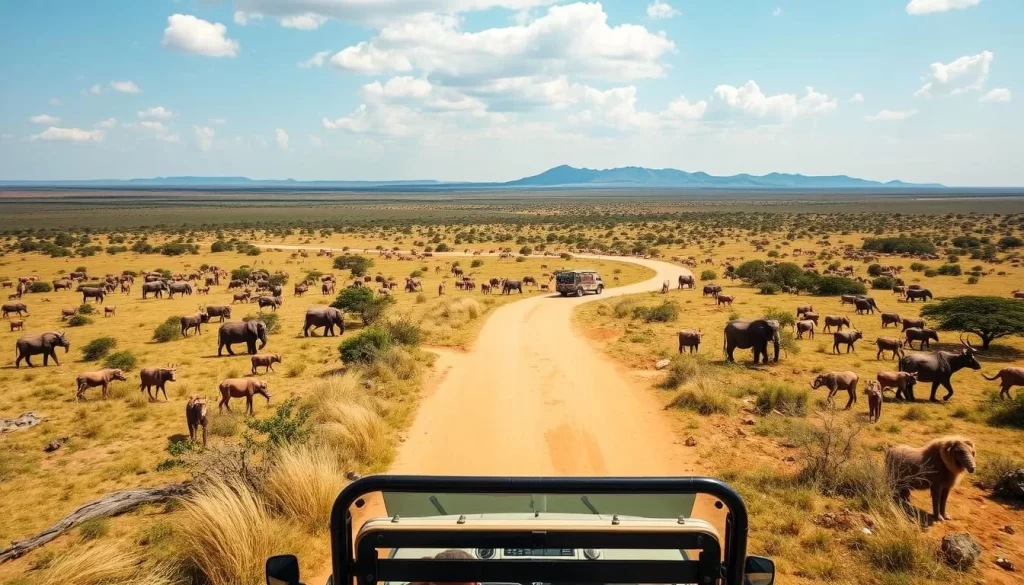 An image of a safari vehicle in Mikumi National Park, with the African savanna and wildlife in the background.