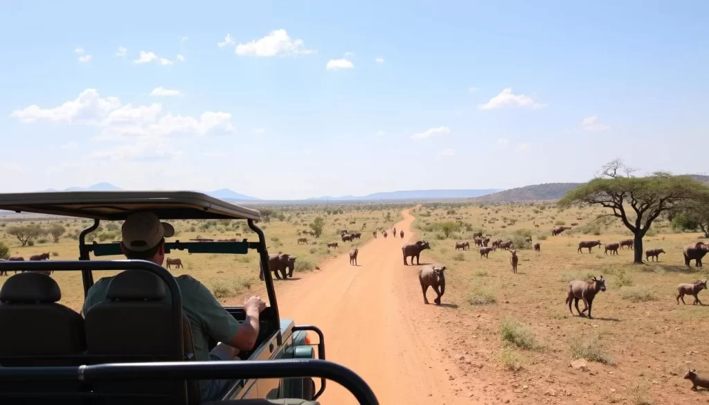 An image of a safari vehicle on a game drive in Pilanesberg National Park, with animals in the savannah.
