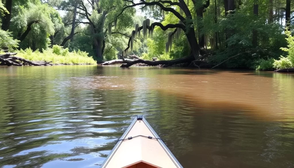 An image of a serene Cedar Creek in Congaree National Park with a canoe or kayak on the water.