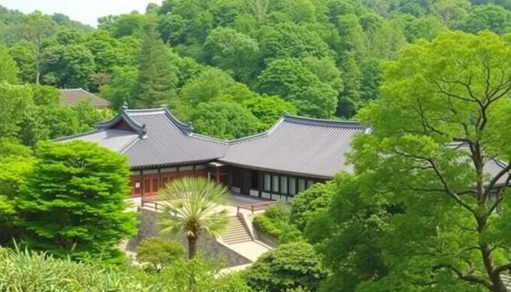 An image of a serene Confucian academy surrounded by lush greenery and traditional Korean architecture.