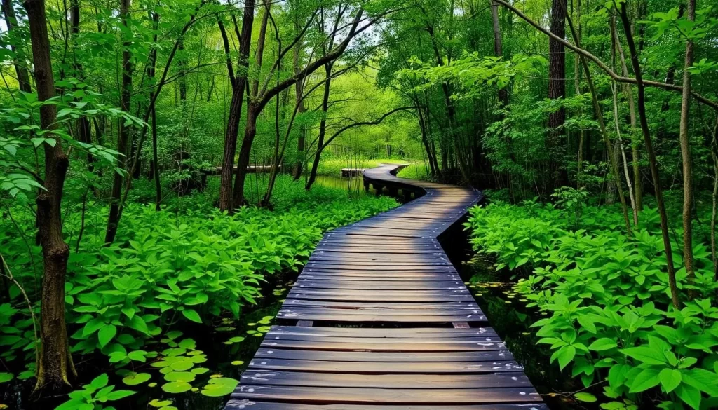 An image of a serene swamp trail with a wooden boardwalk and lush greenery