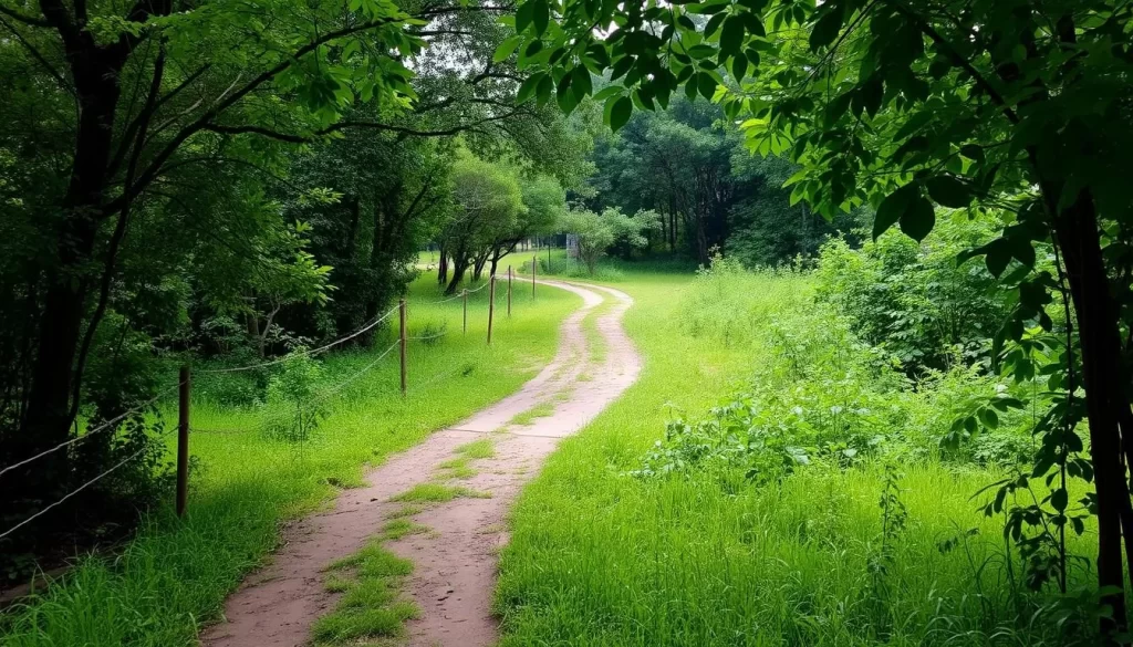 An image of a serene trail in Setia Alam Community Trail, Shah Alam, with lush greenery and a clear pathway.