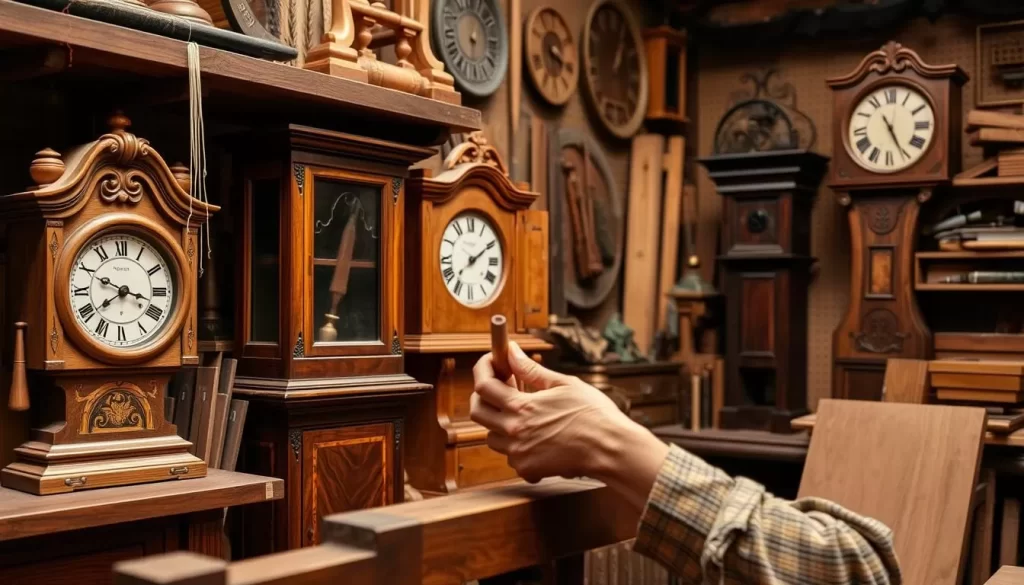 An image of a skilled woodworker crafting handmade furniture or a clock at the Amana Furniture and Clock Shop.
