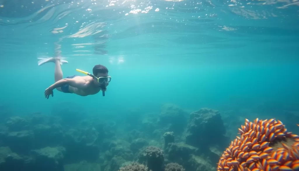 An image of a snorkeler observing marine life in the calm waters of Teluk Kalong.