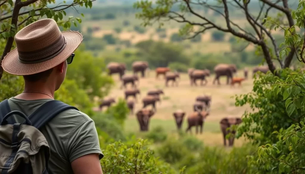 An image of a tourist on a walking safari in Katavi National Park, surrounded by African vegetation and possibly some wildlife.