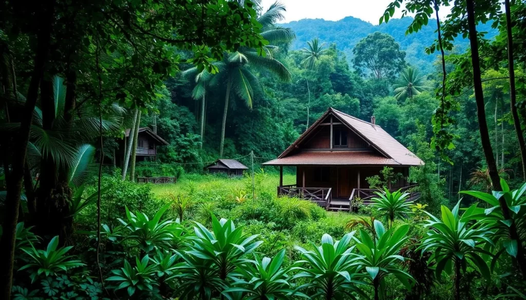 An image of a traditional Sarawak longhouse surrounded by lush rainforest.