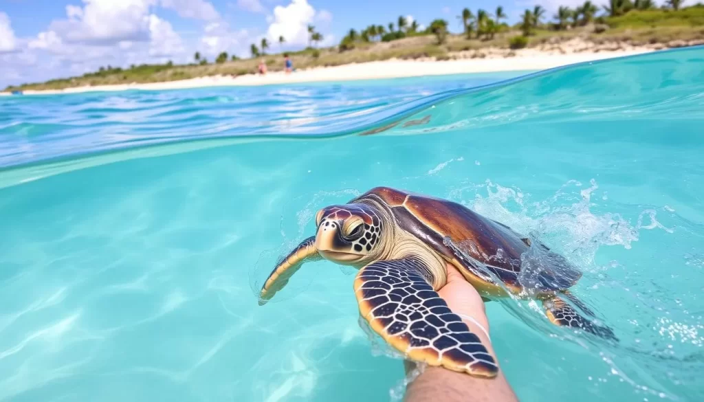 An image of a turtle being released into the sea at the SEATRU Turtle Lab.